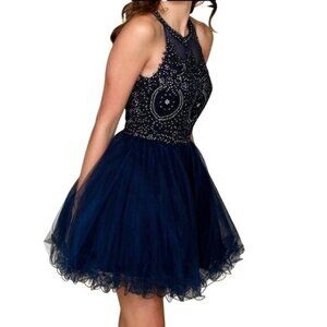 Nox Anabel Navy Blue Beaded Tulle mini Prom Dress, strappy back, Size Medium